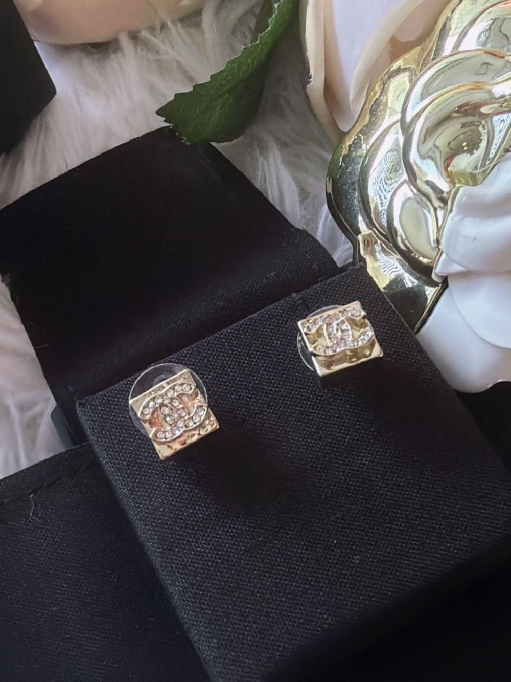 CHANEL Gold Square Crystal CC Stud Earrings